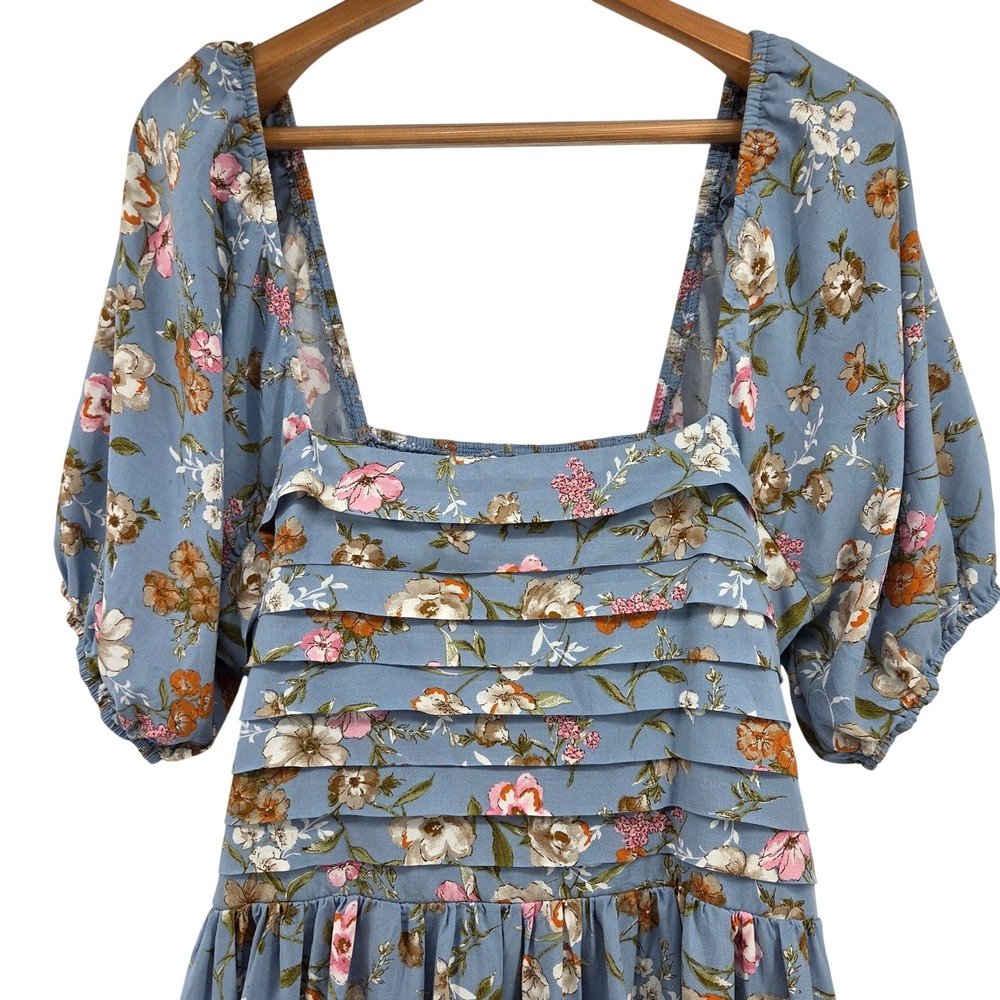 Arula Gracia Maxi Dress 2X Blue Floral Puff Sleeve Tiered Smocked Cottagecore - Picture 8 of 9